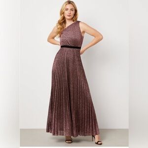 BCBGMAXAZRIA Yasmin One Shoulder Pleated Metallic Evening Gown size M